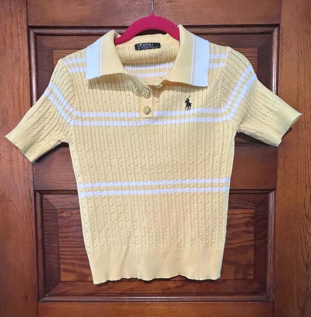 Polo by Ralph Lauren Yellow Cable-Knit Polo Sweater with White Stripes